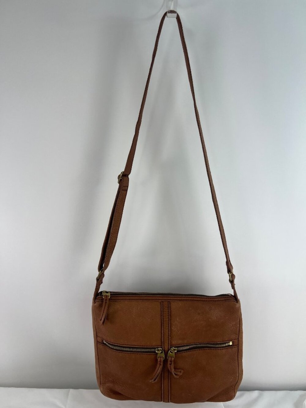 Fossil Erin Messenger Brown Pebble Leather Crossbody Purse Dual Front Zippered P